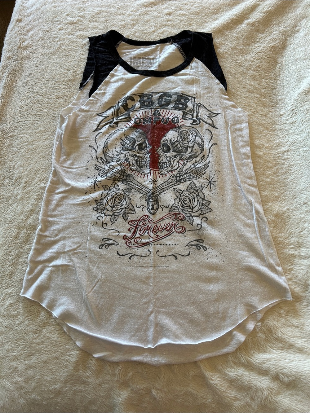 White and Black CBGB Muscle Tee with Red Skull Graphic